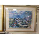 A large modern framed and glazed limited edition print of a mountain scene signed bottom right