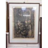 A framed and glazed watercolour wash of abstract people signed bottom right