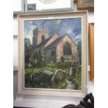 A mid-20th century framed oil on board of church scene signed A Davies