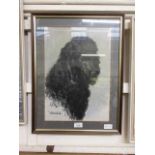 A framed and glazed charcoal drawing of dog 'Bumble'