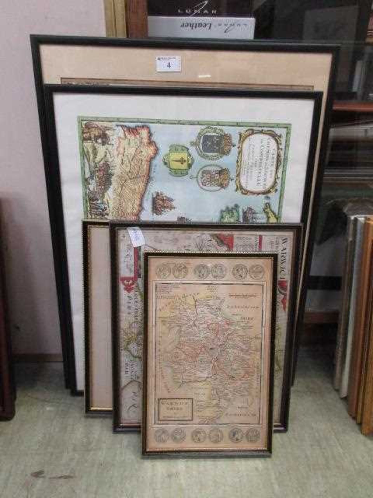 Five framed and glazed maps to include Warwickshire, Devonshire, etc