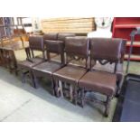A harlequin set of eight oak framed dining chairs upholstered in a brown leatherette fabric