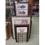 A collection of framed and glazed prints and cigarette cards, mainly on military themes
