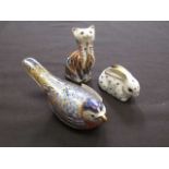 Three Crown Derby paperweights in the form of cat, bird and rabbit
