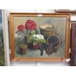 A pine framed oil on board of still life signed bottom right Joyce D Hawkins