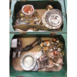 Two trays of metalware to include brassware, candlesticks, model car, etc