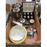 A tray of various metalware to include goblets, coffee pot, silver hallmarked brush, etc