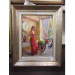 A modern framed oil on board of young lady in red dress signed bottom right Ashka Lewman