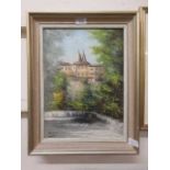 A framed oil on canvas of continental house scene signed bottom right M. Lima