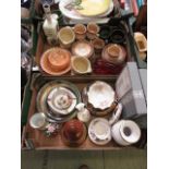 Two trays of mid-20th century teaware, collector's plates, Wade whiskey bell, etc