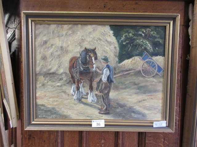 A framed oil on board of heavy horse and farmer signed John Munnings