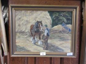 A framed oil on board of heavy horse and farmer signed John Munnings