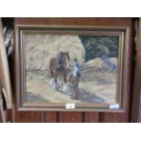 A framed oil on board of heavy horse and farmer signed John Munnings