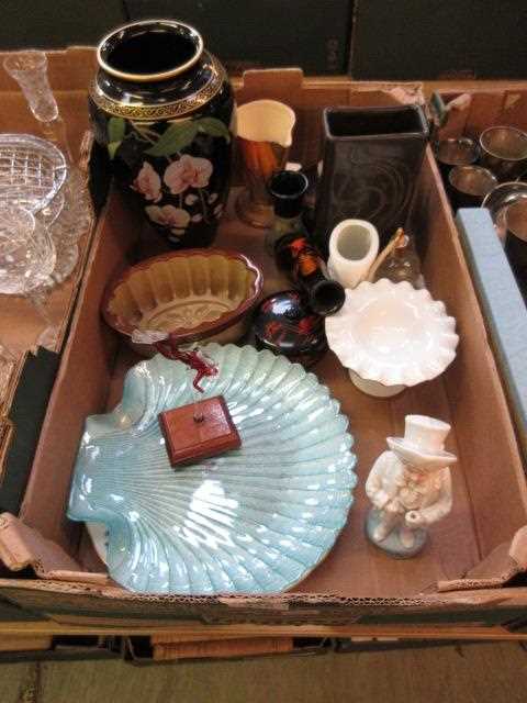 A tray containing a blue glass shell shaped dish, blancmange mold, modern vases etc.
