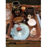 A tray containing a blue glass shell shaped dish, blancmange mold, modern vases etc.