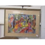 A framed and glazed mid-20th century watercolour of abstract people in cafe signed bottom left