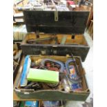 A large wooden toolbox together with a tray containing G clamps and other hand tools