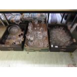 Three trays of glassware, mainly drinking vessels, bowls and decanter