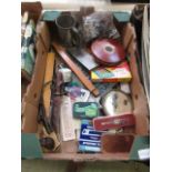 A tray containing bulldog clips, leather bound measure, drawing instruments etc.