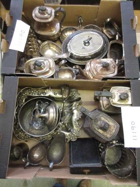 Two trays of plated ware to include coffee pots, tureens, flatware etc.