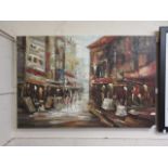A large unframed oil on canvas of continental street scene