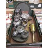 A tray containing plated and pewter ware to include coffee pots, water jugs and a brass meat jack