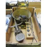 A tray containing a large brass jam pan, blow torch, scales, weights etc.