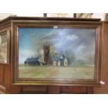 A gilt framed oil on board of church scene titled 'Astley' signed Roy Jones 1984