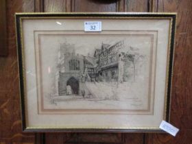 A framed and glazed possible pen drawing of The Lord Leycester Hospital signed Sidney Barrett