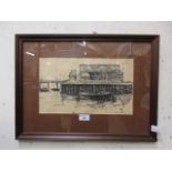 A framed and glazed pen drawing of harbour scene signed Edward Morris