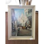 A framed oil on canvas of continental street scene