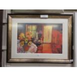 A framed limited edition print titled 'Cafe Morning' 141/195 signed Martin Decent