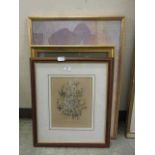 Three framed and glazed artworks to include watercolour of stream, botanical print, etc