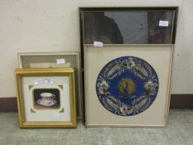 Five framed and glazed artworks to include prints of teacups, needlework of peacock, etc