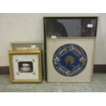 Five framed and glazed artworks to include prints of teacups, needlework of peacock, etc