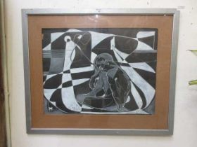 A framed and glazed abstract artwork of monochrome figure signed Montana