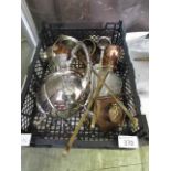 A tray containing a plated coffee pot, brass and copper ladles etc.