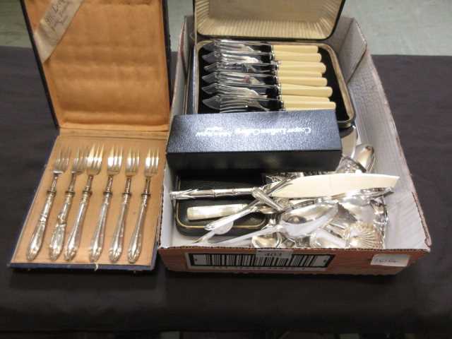 A tray containing cased and uncased flatware, etc