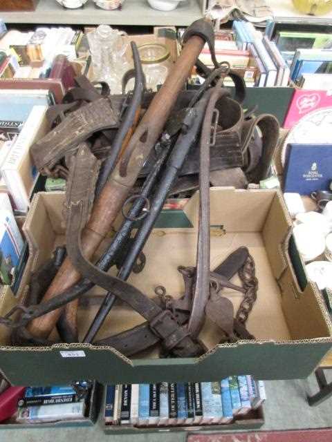 Two trays containing leather horse harness etc.