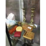 A pair of gilt metal candlesticks together with a quantity of wooden boxes to include Chinese