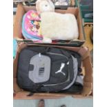 +VAT Two trays containing backpacks, children's backpack, and a cushion in the shape of an animal