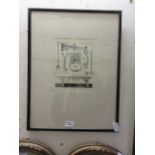A framed and glazed monochrome print of iron work and furniture