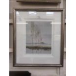 A modern framed and glazed limited edition print of trees by river 20/395 signed bottom right in