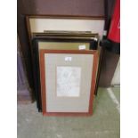 A collection of framed and glazed prints and artworks to include oriental, interior scenes, pencil