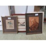 Four artworks to include limited edition prints, marquetry panel of gentleman, possible