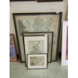 Four framed and glazed maps to include Kent, British Isles, Warwickshire, etc