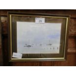A framed and glazed watercolour of sailing vessels by shore signed Donald Blades 1984