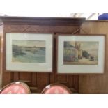 A pair of framed and glazed watercolours of harbour scene and coastal village scene signed F.Smith
