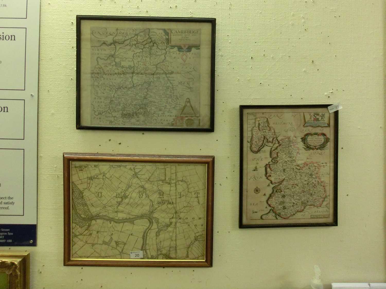 Three framed and glazed maps to include Cambridgeshire, Lancaster, etc