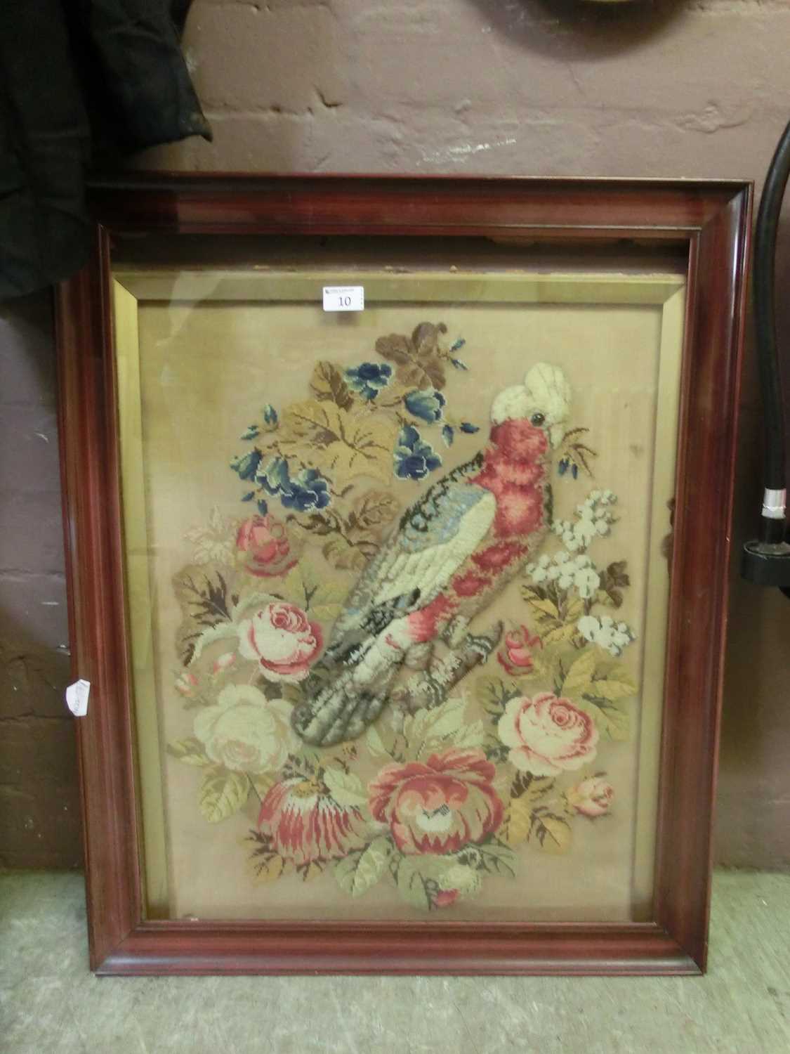 A framed and glazed 19th century needlework of parrot amidst flowers